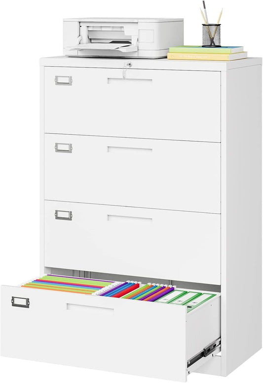 Lateral Filing Cabinet,4 Drawer File Cabinet with Lock,Office Lateral File Cabinets for Legal/Letter A4 Size,Require Assembly, White