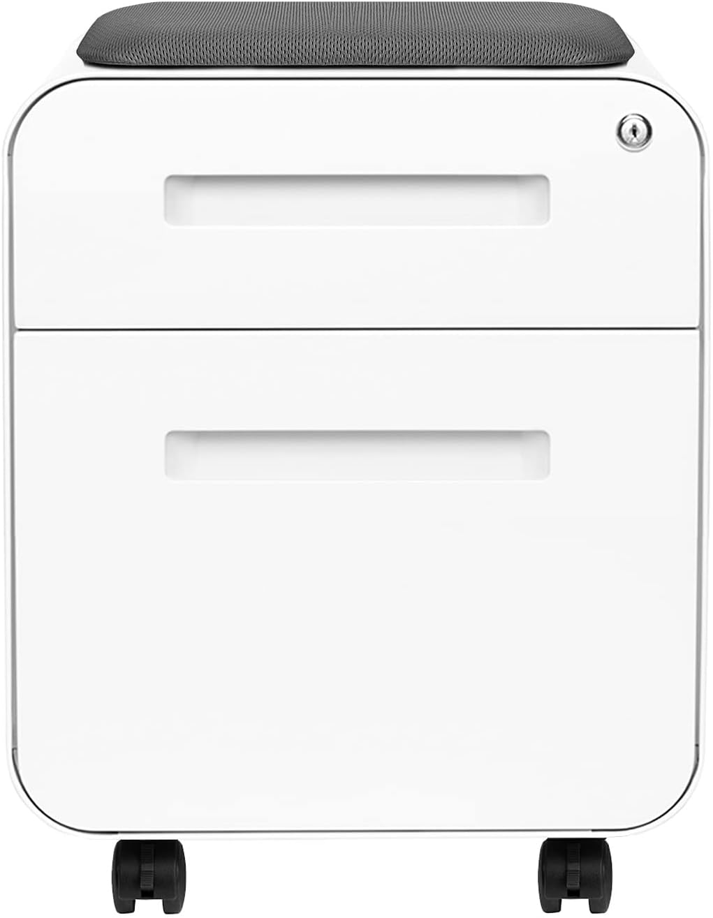 Laura Davidson Furniture STOCKPILE Mini Seated 2 Drawer Mobile File Cabinet with Removable Magnetic Cushion Seat - Short Version, Metal Filing Cabinet, Pre-Assembled, White with Grey Cushion