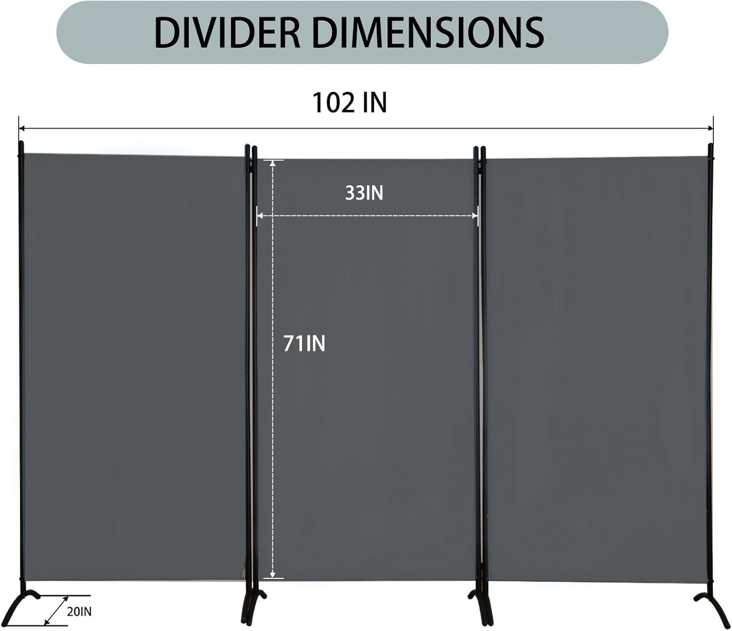 Room Divider 3-Panel Privacy Screen, Portable Screen Steel Frame with Hook&Loop for Home, Office, Classroom, Studio, Meeting (Grey