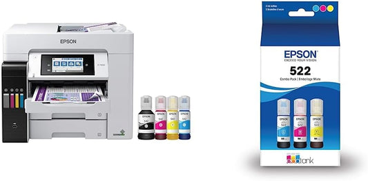Epson EcoTank Pro ET-5850 Wireless Color All-in-One Supertank Printer, White & T522 EcoTank Ink Ultra-high Capacity Bottle Color Combo Pack (T522520-S)