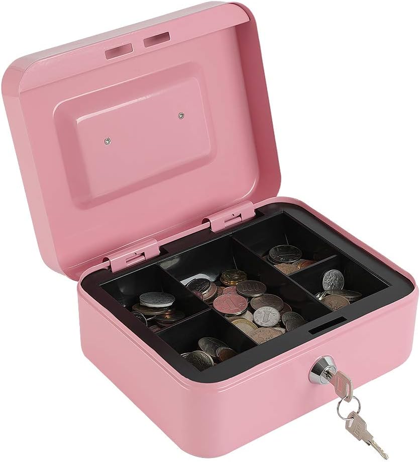 xydled Locking Steel Medium Cash Box with Removable Coin Tray and Key Lock,7.87"x 6.30"x 3.54",Pink