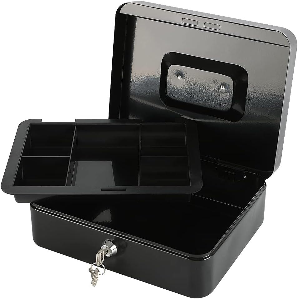 xydled Locking Steel Large Cash Box with Removable Coin Tray and Key Lock,9.84"x 7.87"x 3.54",Black