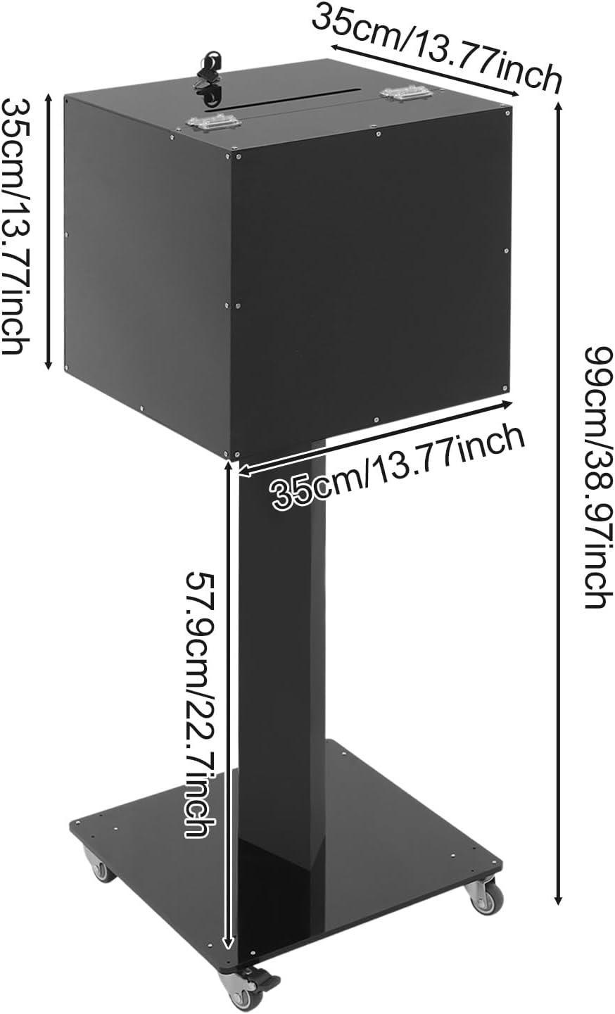 Suggestion Box with Stand, Floor Standing Offering Box with Wheels, Acrylic Locking Ballot Collection Safe Box for Voting Contest Charity Donation Church Election (Black (Bar Opening))
