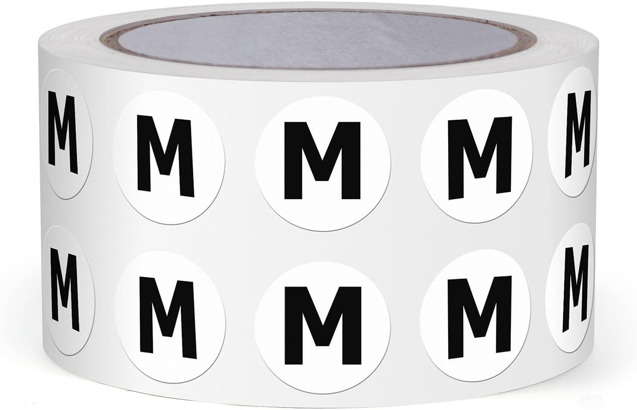 Letter M Round Labels 0.5 Inch Vinyl Circle Capital Alphabet Stickers Self-Adhesive Removable Waterproof Dots Tags for Home Office Inventory 1000 PCS