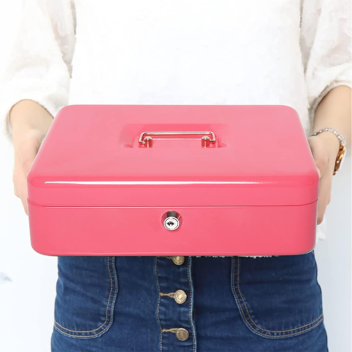 Jssmst Locking Cash Box with Money Tray and Lock, Metal Money Box with Change Lid, 11.8L x 9.5W x 3.5H Inches, Safe Box for Money with Key Lock Pink, SM-CB0515P