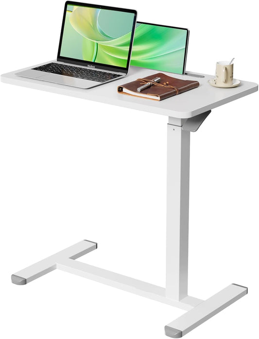 Mobile Standing Desk, Pneumatic Adjustable Rolling Desk(27.5 Inches), Portable Laptop Desk with Wheels, Overbed Bedside Table Laptop Table for Couch, Home, Office, White