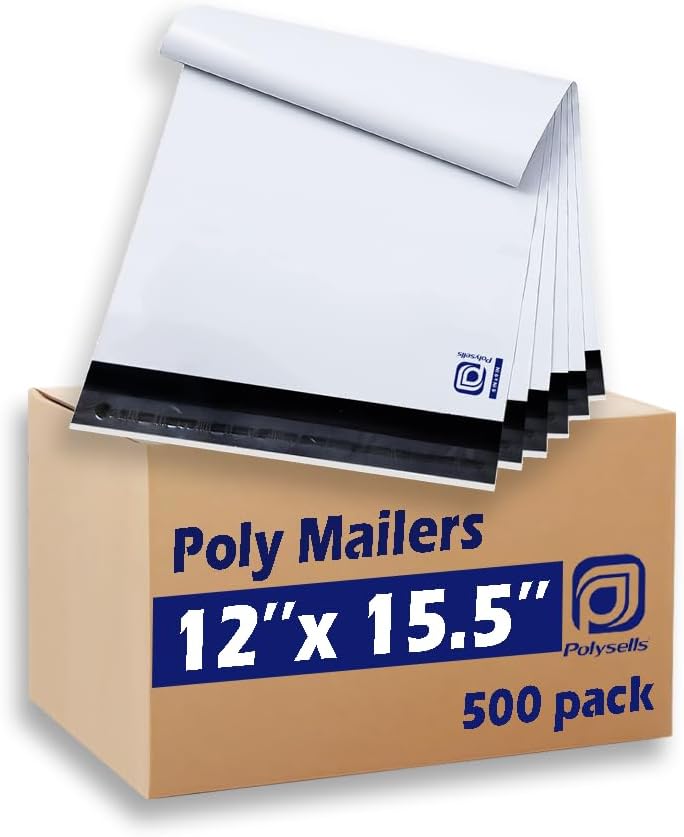 POLYSELLS 500 Pcs 12x15.5 Inch White Poly Mailers Shipping Envelopes, Strong Adhesive Sealing, Waterproof, and Tear-resistant Postal Mailing Bags for Clothing, Books, and Accessories