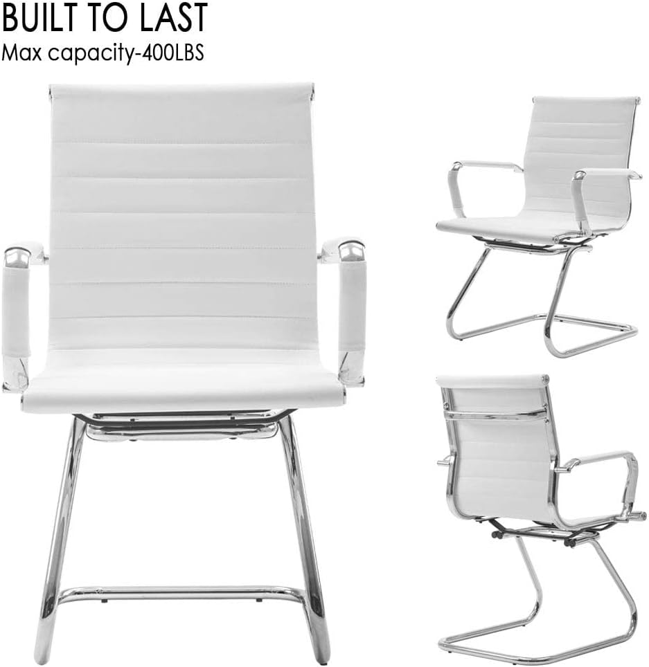White Office Desk Chair No Wheels Set of 6 PU Leather Computer Chairs Mid Back Guest Chairs for School Reception Conference Waiting Room, White