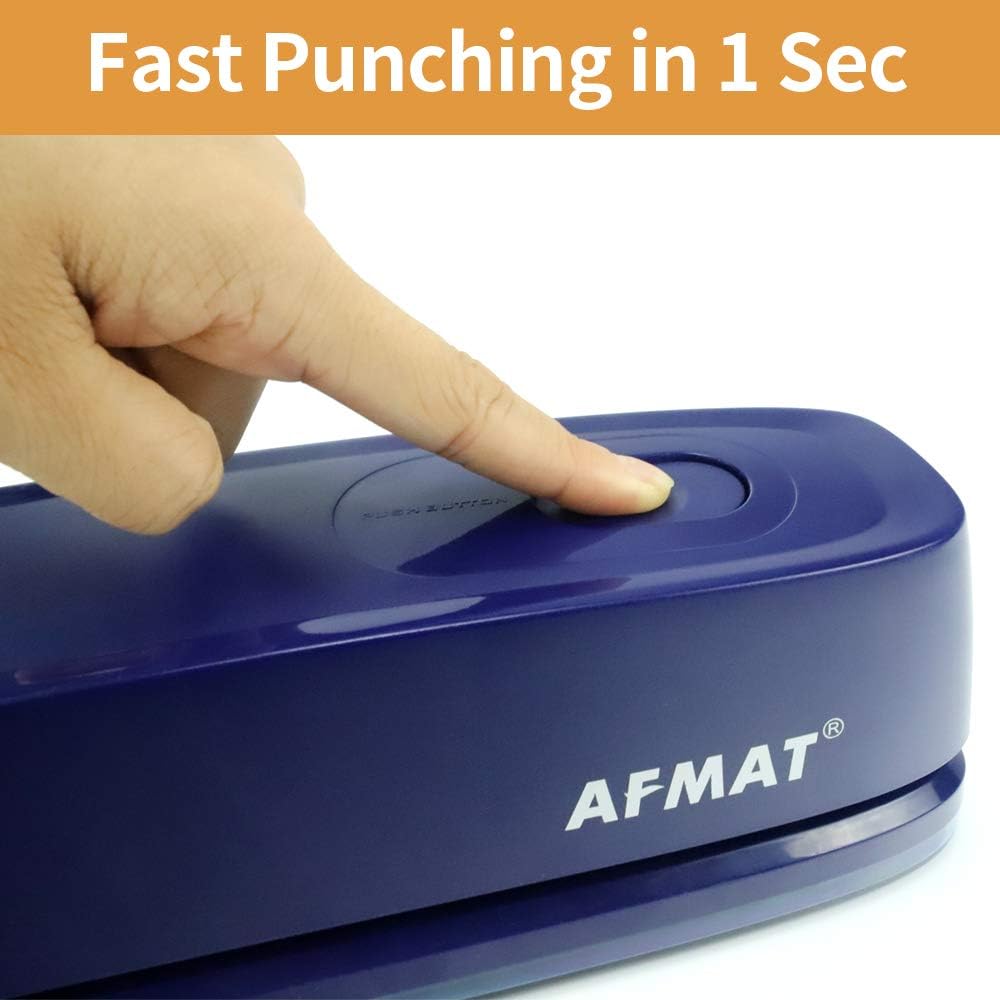AFMAT Electric 3 Hole Punch, 3 Hole Punch Heavy Duty, 20-Sheet Punch Capacity, AC or Battery Operated, Effortless Punching, Long Lasting Paper Puncher for Office School Studio, Blue, Model: HP07