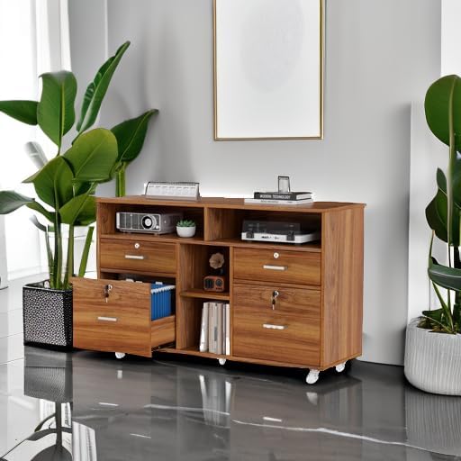 VINGLI Wide 4 Drawer Lockable Rolling File Cabinet with Open Shelves - Walnut Wood Lateral File Cabinet Printer Stand for Home Office, Letter Sized