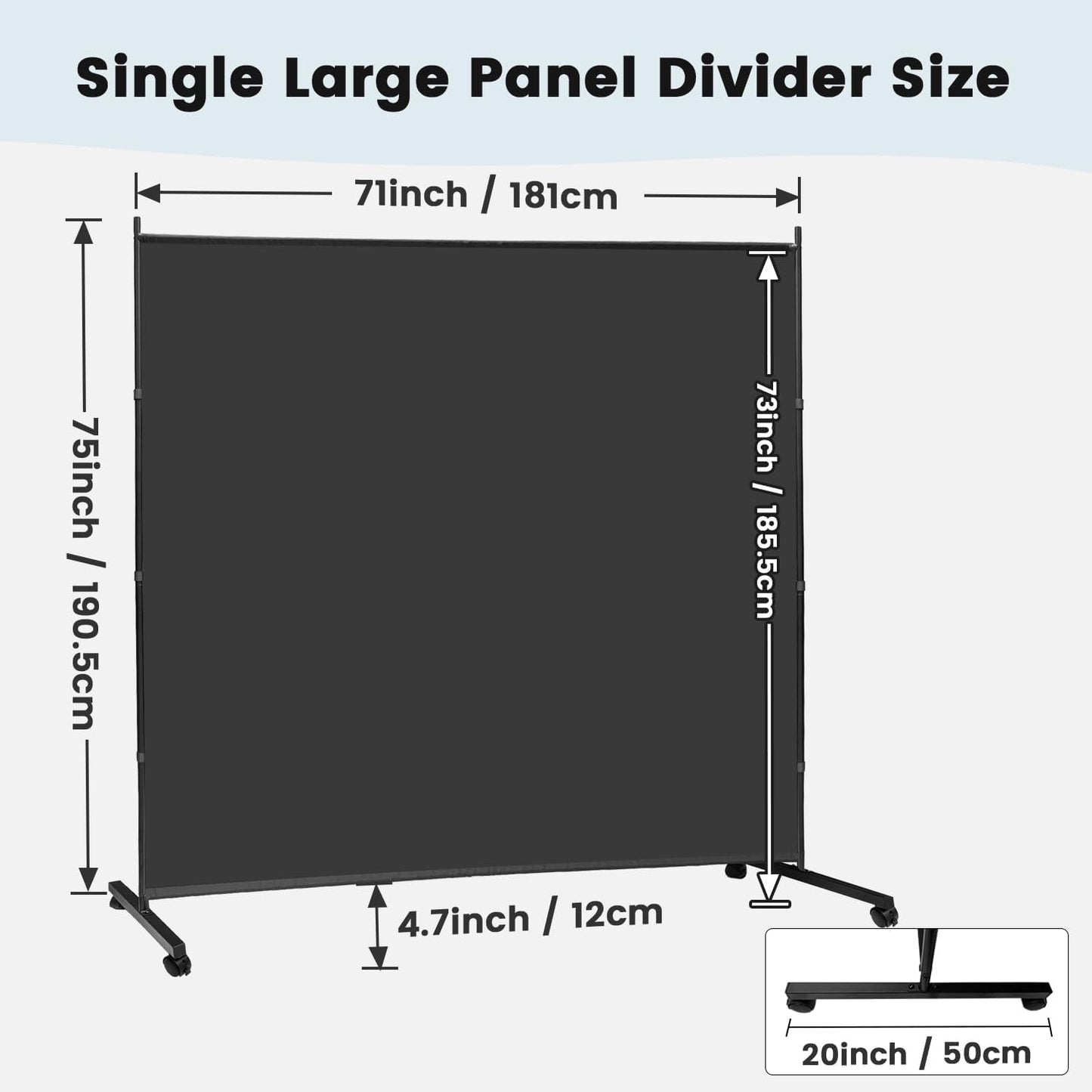 MAYOLIAH Large Single Panel Room Divider on Wheels, 71”W x 75”H Rolling Privacy Screen, Portable Wall Divider for Home Office Partition, Black