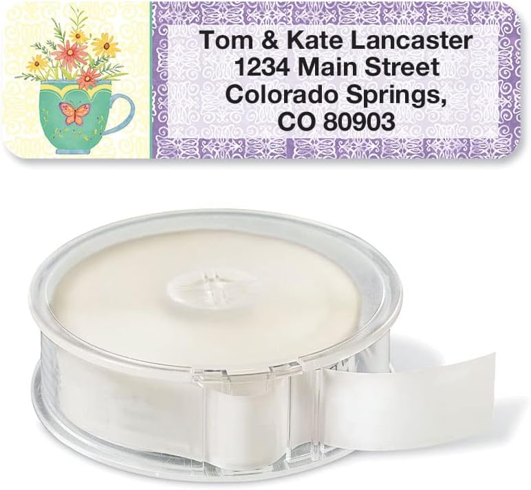 Teacups Rolled Personalized Return Address Mailing Labels with Dispenser, Set of 500, 5 Designs, Small ¾ x 2½ Inch Size, Custom Self-Adhesive Sticker Roll, by Colorful Images