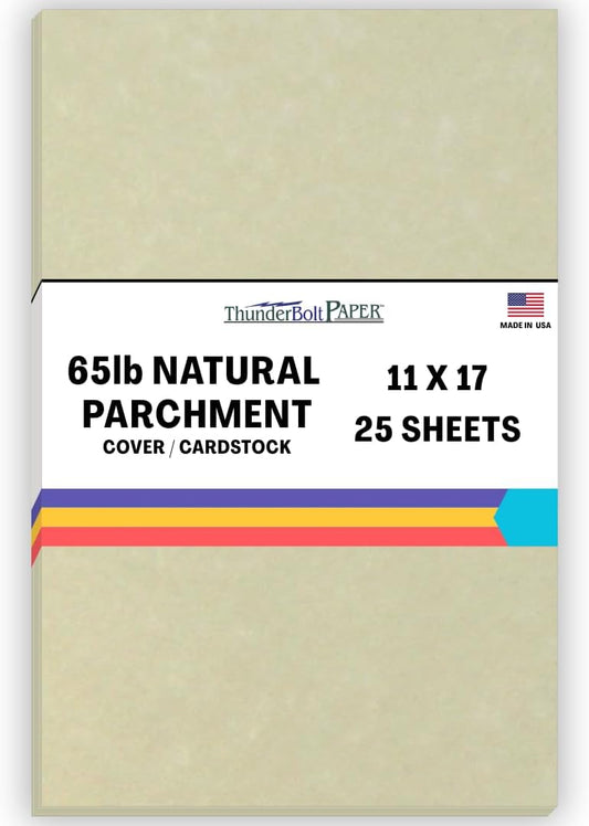 25 Natural Parchment 65lb Cover Paper Sheets 11 X 17 Inches Cardstock Weight Colored Sheets (11"X17") Tabloid|Ledger Size - Printable Old Parchment Semblance Through The Processing of The Pulp
