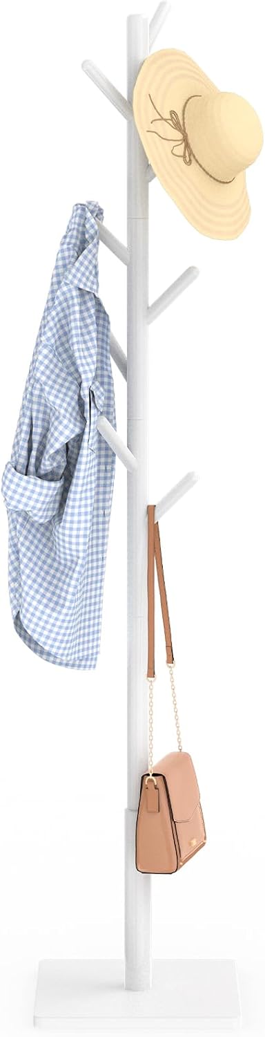 Coat Rack Freestanding with Stable Square Base for Cloathes, Hat, Used in Bedroom, Office and Entryway, Sturdy and Easy Assembly Coat Tree with 3 Adjustable Sizes and 8 Hooks, White