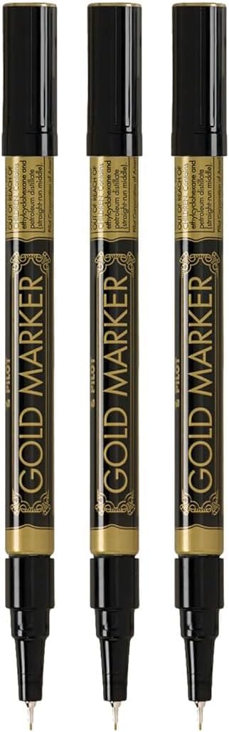 Metallic Permanent Paint Markers, Gold, Extra Fine Point (0.5mm), 3 Count, Bundle with Plastic Reusable Pouch