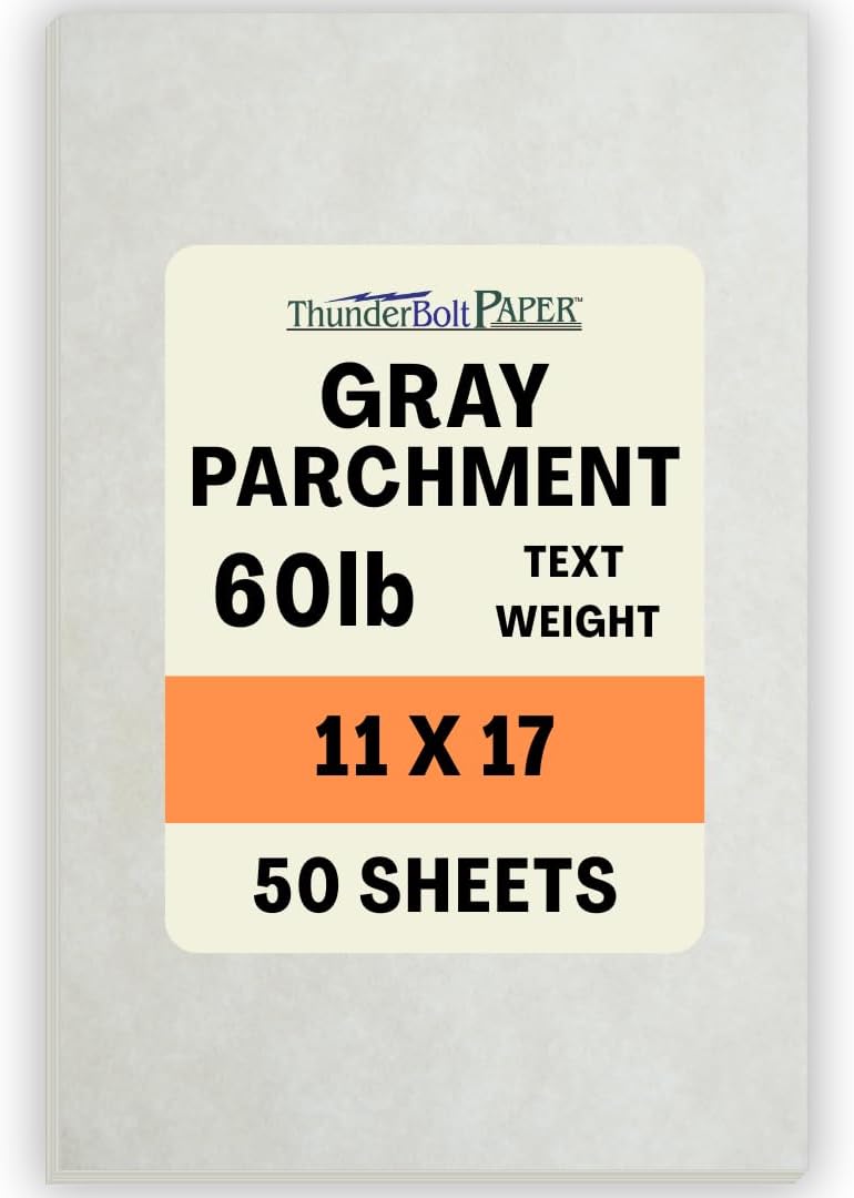 50 Light Gray Parchment 60# Text (=24# Bond) Paper Sheets - 11 X 17 inches Stationery Paper Colored Sheets Tabloid|Ledger Size - 60 Pound is Not Card Weight - Vintage Colored Old Parchment Semblance