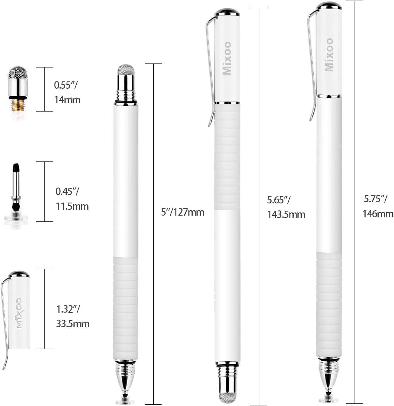 Mixoo Stylus Pens for Touch Screens - Disc & Fiber Tip 2 in 1 High Sensitivity Universal Stylus for iPad, iPhone, Tablets and Other Capacitive Touch Screens (White)