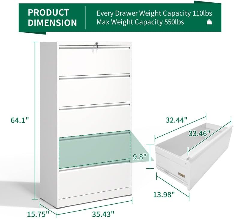 5 Drawer Lateral File Cabinet with Lock, Metal Filing Cabinets for Home Office, Steel Storage Wide File Cabinet for Letter/Legal/F4/A4 Size with Hanging Bars, Assembly Required (White)
