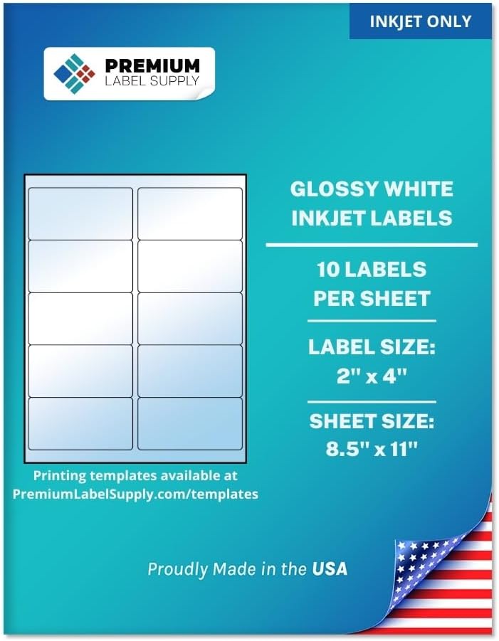 Premium Label Supply Glossy White Sticker Labels – 2" x 4" – (10 per Sheet) (Glossy White for Inkjet Only, 5,000 Labels)