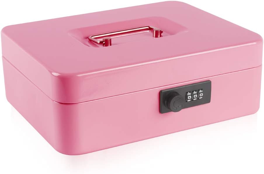 Kyodoled Large Cash Box with Combination Lock,Safe Metal Money Box with Money Tray for Security Lock Box 9.84"x 7.87"x 3.54" Pink Large