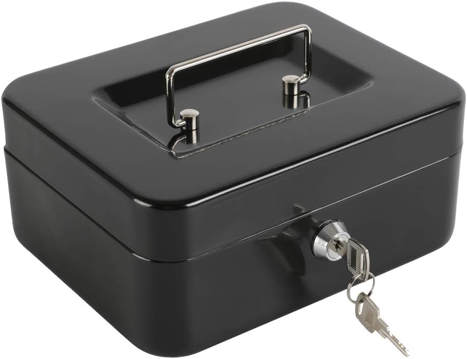xydled Locking Steel Medium Cash Box with Removable Coin Tray and Key Lock,7.87"x 6.30"x 3.54",Black