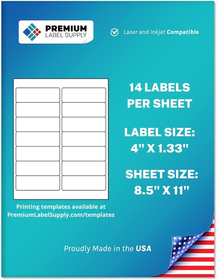 Premium Label Supply White Sticker Mailing Labels – 4" x 1.33" – Laser/Inkjet Compatible – (14 per Sheet), 100 Sheets – 1400 Total Adhesive Labels