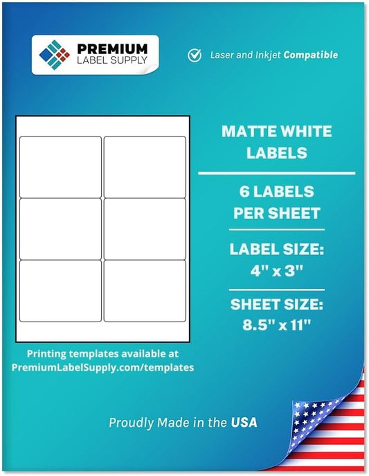 Premium Label Supply White Sticker Labels – 4" x 3" – Laser/Inkjet Compatible – (6 per Sheet), 25 Sheets – 150 Total Adhesive Labels