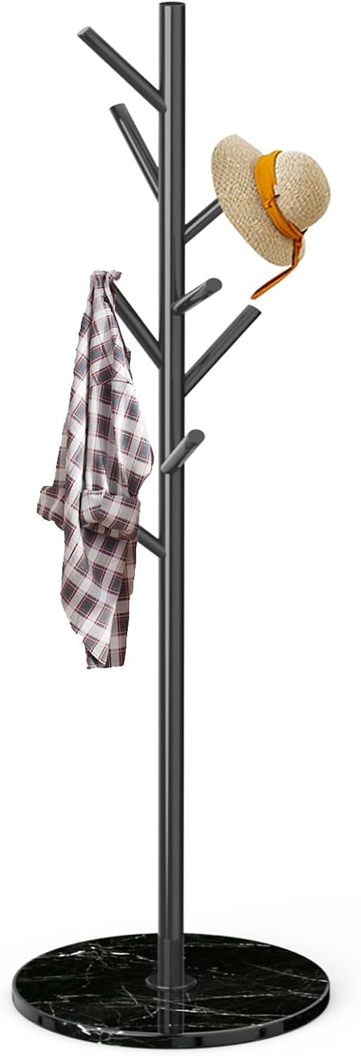 Metal Modern Coat Rack Stand, Sturdy Freestanding Coat Rack with Natural Marble Base, Black Coat Racks and Coat Hall Tree Hanger Stand for Entryway, Hallway, Office (Black Marble base)