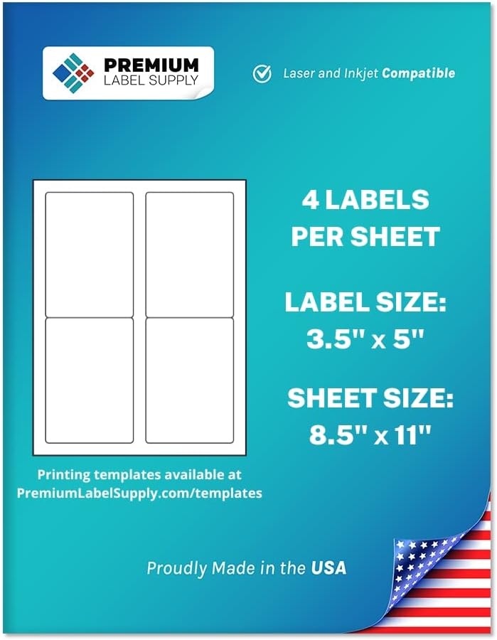 Premium Label Supply White Sticker Mailing/Shipping Labels – 3.5" x 5" – Laser/Inkjet Compatible – (4 per Sheet), 2000 Sheets - 8,000 Total Adhesive Labels