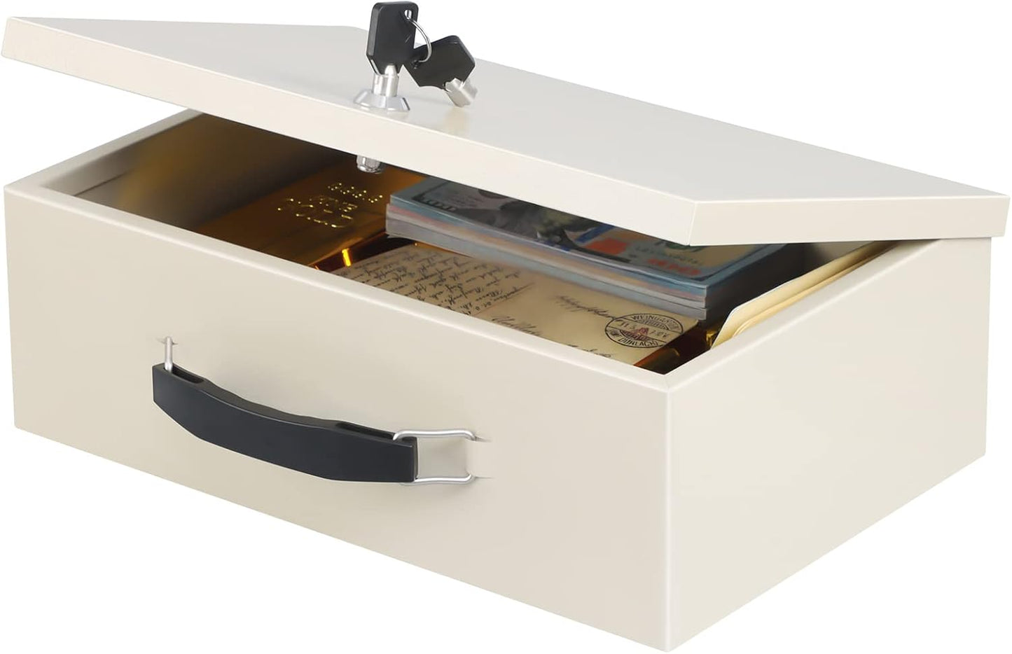 xydled Fire Resistant Safe Fire Safe Box with Key Lock for Home Office Security Storage for Valuables Documents,12.8 x 8.5 x 4.5 Inch,White,Beige