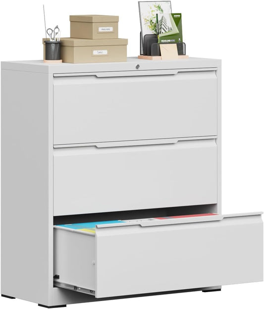 Lateral File Cabinet, 3 Drawer Lateral File Cabinet with Lock, Lockable Metal File Cabinet for Home Office, File Cabinet for Letter/Legal/F4/A4 Size (White, 3 Drawer)