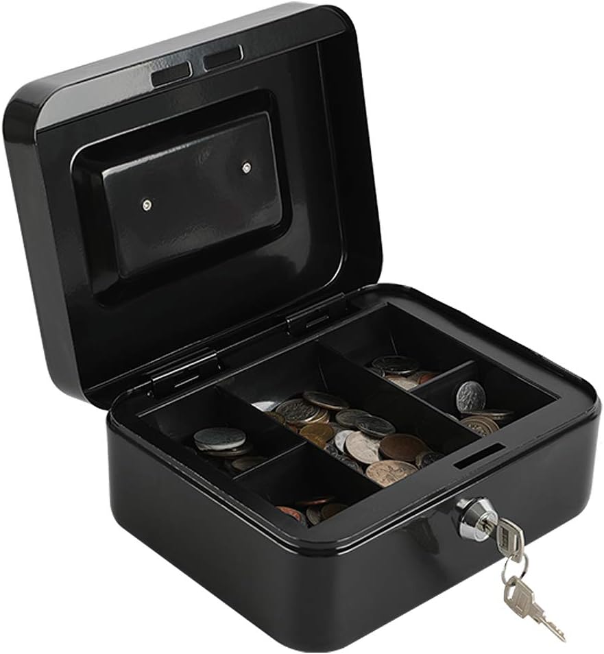 xydled Locking Steel Medium Cash Box with Removable Coin Tray and Key Lock,7.87"x 6.30"x 3.54",Black