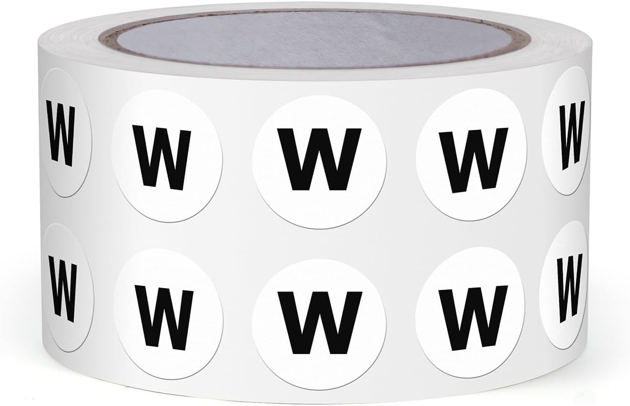 Letter W Round Stickers 0.5 Inch Vinyl Circle Capital Alphabet Labels Self-Adhesive Removable Waterproof Dots Tags for Home Office Inventory 1000 PCS