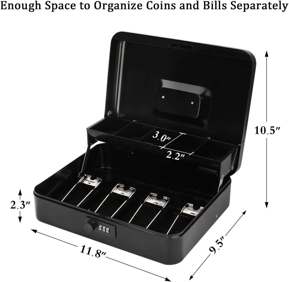 Jssmst Locking Large Metal Cash Box with Money Tray, Money Box with Combination Lock, Black