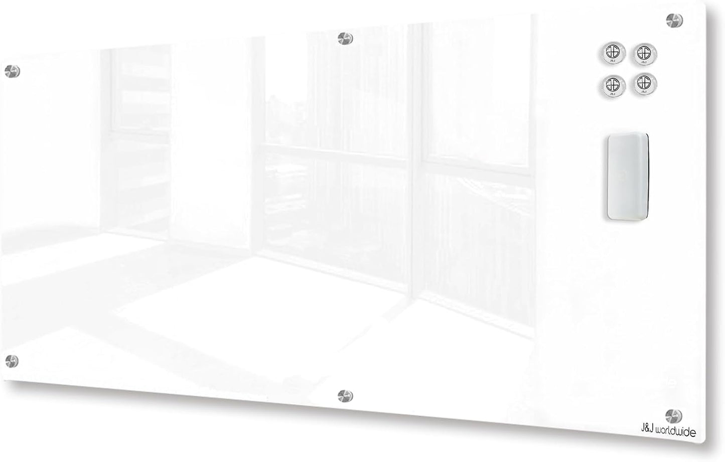 J&J worldwide Magnetic Glass Whiteboard Brilliance White Dry Erase Board 6' x 3', Large Frameless Glass White Boards for Walls, Includes Magnets, Marker Tray, Eraser for Office, Home, School