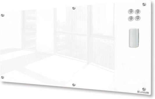 J&J worldwide Magnetic Glass Whiteboard Brilliance White Dry Erase Board 6' x 3', Large Frameless Glass White Boards for Walls, Includes Magnets, Marker Tray, Eraser for Office, Home, School