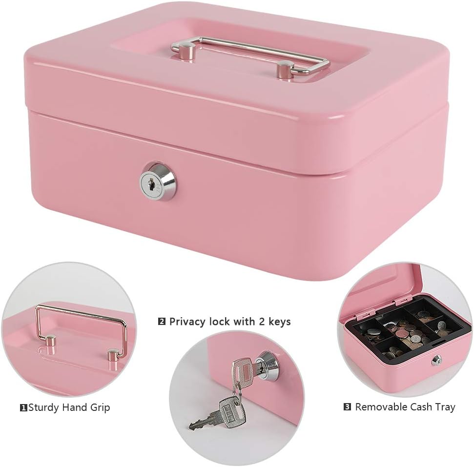 xydled Locking Steel Medium Cash Box with Removable Coin Tray and Key Lock,7.87"x 6.30"x 3.54",Pink