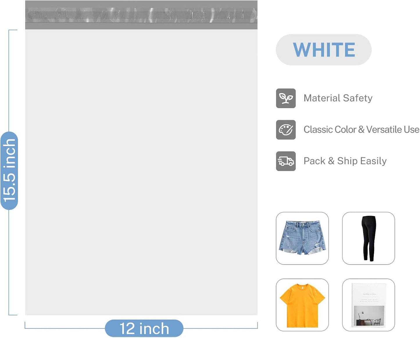 Metronic Poly Mailers 12x15.5 100 Pcs, Medium Shipping Bags for Clothing, Waterproof Mailers Poly Bags for Small Business, Shipping Envelopes Mailing Bag Package Bags Bulk in White