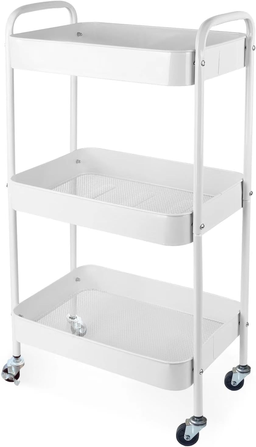 Metal 3 Tier Rolling Cart with Wheels for Kitchen Storage & Laundry Room Organization, Bedside Cart with Handle and 4 Hooks, Versatile Large Capacity Art & Craft Storage Organizer, White