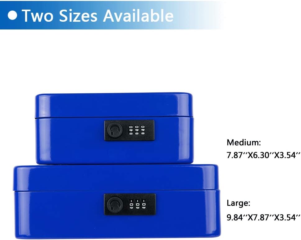 KYODOLED Cash Box with Combination Lock,Safe Metal Box for Money,Storage Lock Box with Money Tray,7.87"x 6.30"x 3.54" Blue Medium