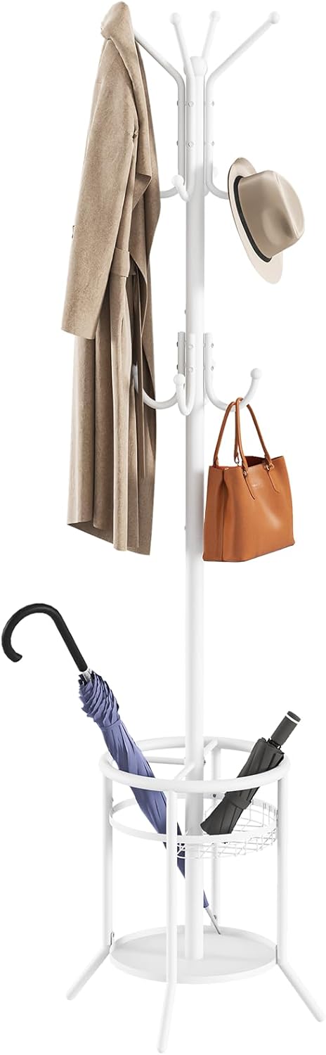 ELYKEN Coat Rack Freestanding, Metal Coat Rack Stand with Umbrella Holder, Modern Coat Tree with 12 Hooks, Floor Standing Corner Hall Tree for Entryway Living Room Bedroom Office, White