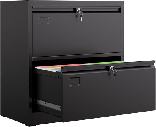 Metal 2 Drawer Lateral File Cabinet with 2 Lock - Wide Filing Cabinet for Letter/Legal/F4/A4 Hanging Files - Includes Business Card Holder,Home Office School Storage,Black