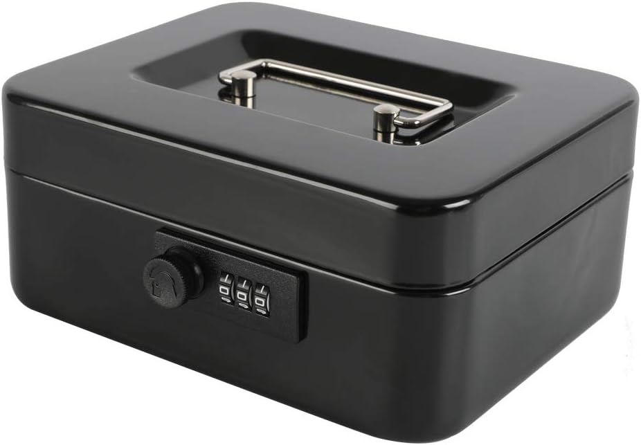 xydled Steel Cash Box Safe with Combination Lock,Money Safe Box with Removable Coin Tray,Medium,7.87"x 6.30"x 3.54",Black