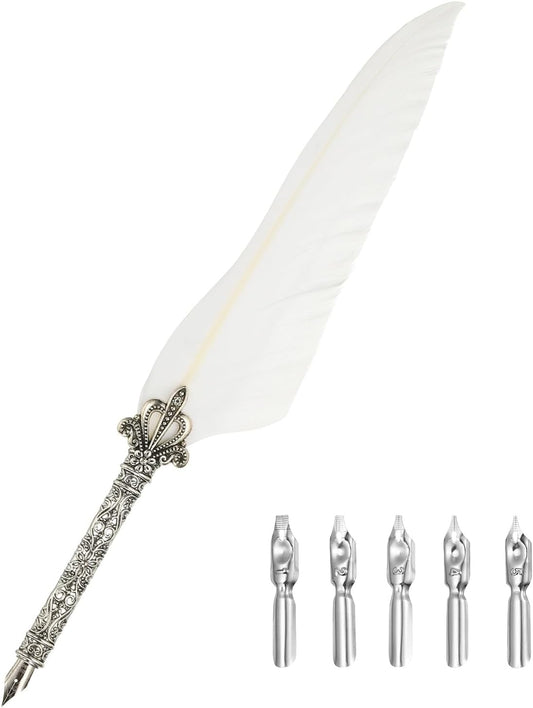 PATIKIL 26.5cm/10.4" Calligraphy Feather Quill Pen, Vintage Feather Dip Pen with 5 Replacement Nibs for Calligraphy Writing Wedding Office Gifts, White