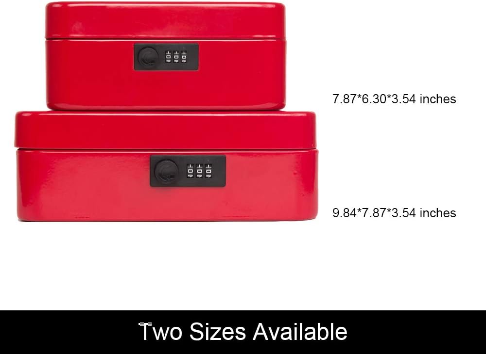 KYODOLED Medium Cash Box with Combination Lock Safe Metal Money Box with Money Tray for Security Lock Box 7.87"x 6.30"x 3.54" Red Medium