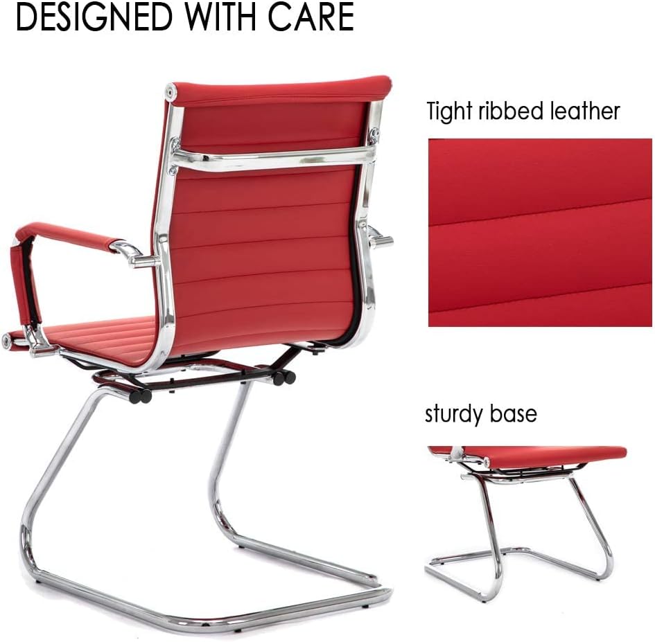 Office Desk Chair Set of 4,No Wheels PU Leather Computer Chairs Mid Back Guest Chairs with Seld Base for School/Reception/Conference/Waiting Room, Burgundy Red