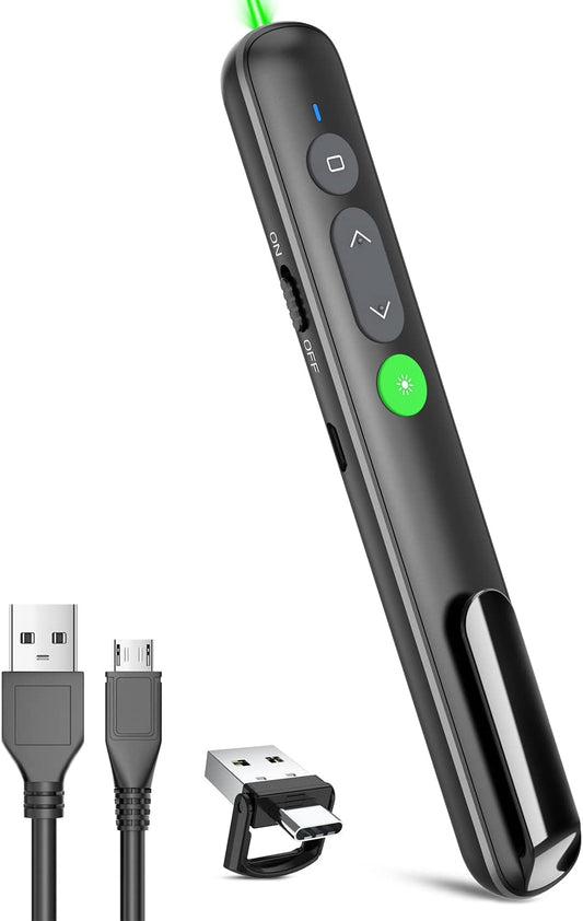 Presentation Clicker PowerPoint Wireless Presenter Remote: Rechargeable Green Laser Pointer Clickers USB A Type C Computer Mac Power Point PPT Slideshow Google Slide Advancer