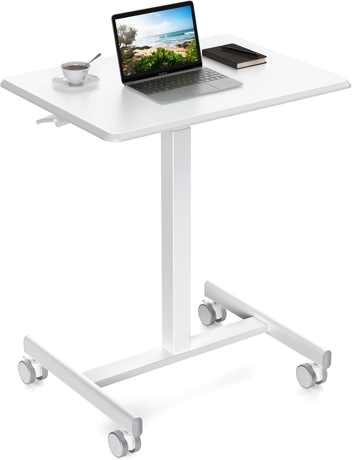 Sweetcrispy Small Mobile Standing Desk, Rolling Laptop Computer Carts, Portable Laptop Desk with Wheels, Adjustable Height Table for Home Office, White