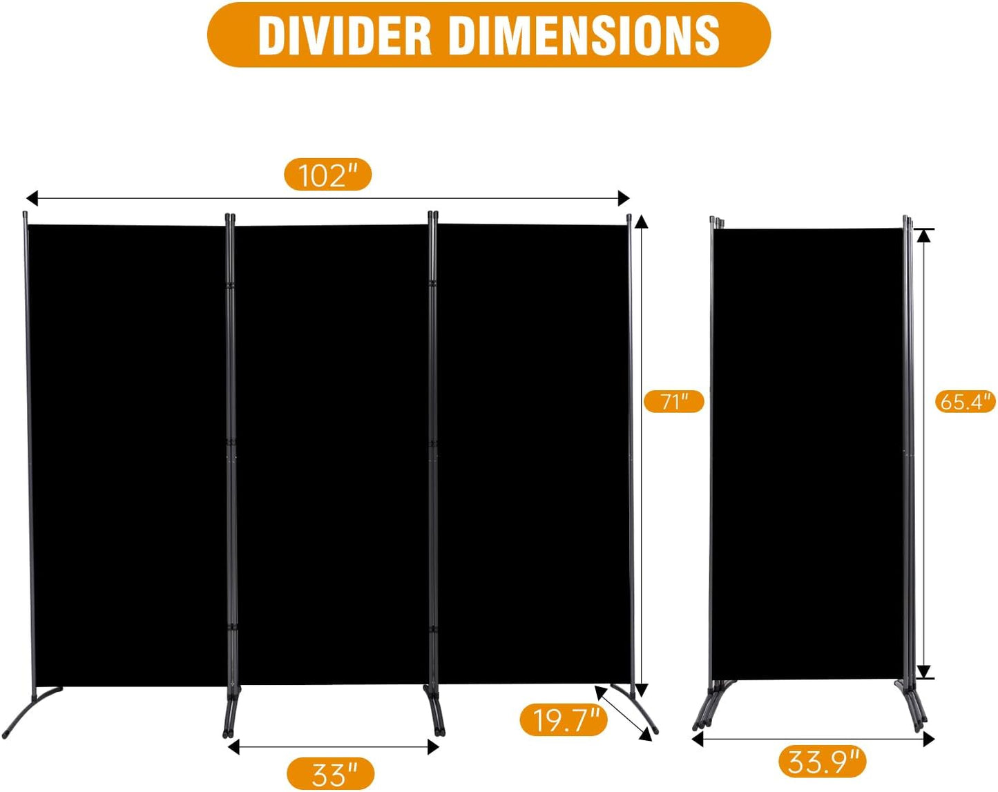 3 Panel Folding Privacy Screens, 6 FT Tall Wall Divider with Metal Frame, Freestanding Room Divider for Office Bedroom Study (3 Panel, Black)