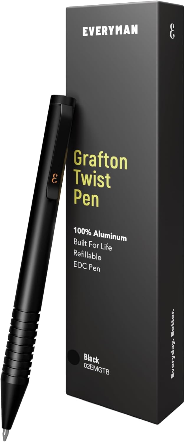 Everyman Grafton Mini Twist Refillable 0.7mm Ball Point Pen Black | Sleek Anodized Aluminum Pocket Pen with Grooved Grip | Smooth Writing EDC Ink Pen for Office, Travel, Work & Gifting